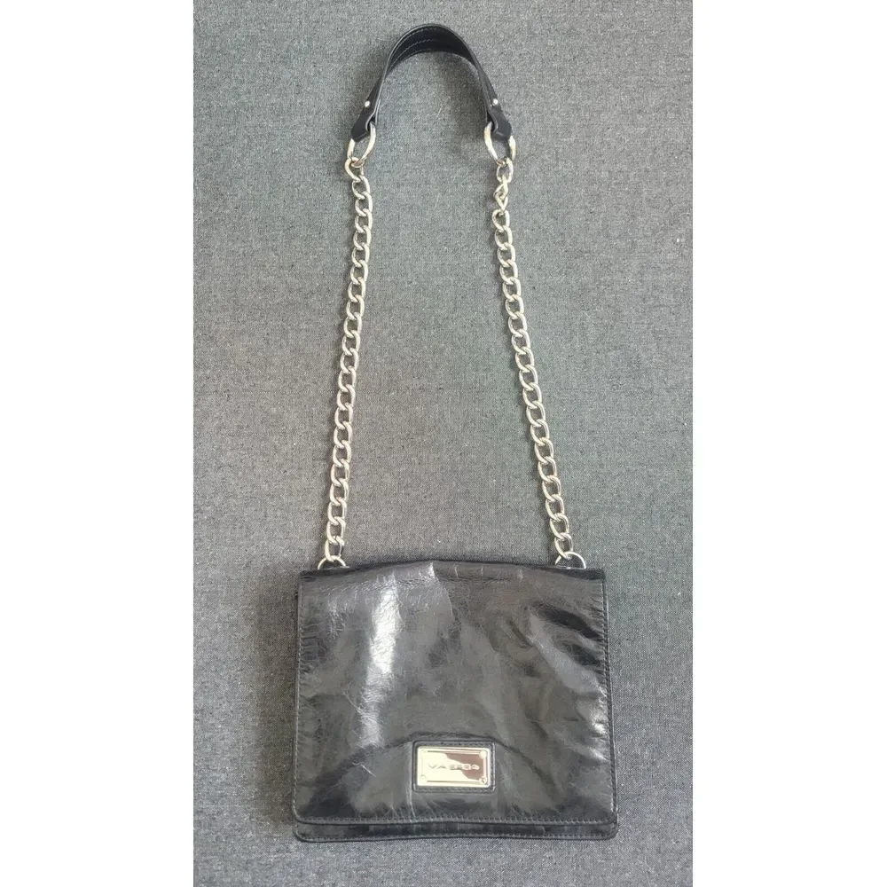 90s Y2K Via Spiga Black Shoulder Crossbody Bag Purse Leather‎ Chain Goth Grunge